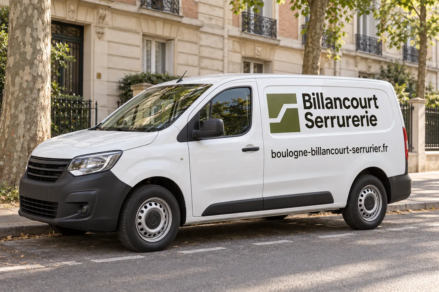 Utilitaire blanc Billancourt Serrurerie siglé boulogne-billancourt-serrurier.fr garé dans une rue résidentielle