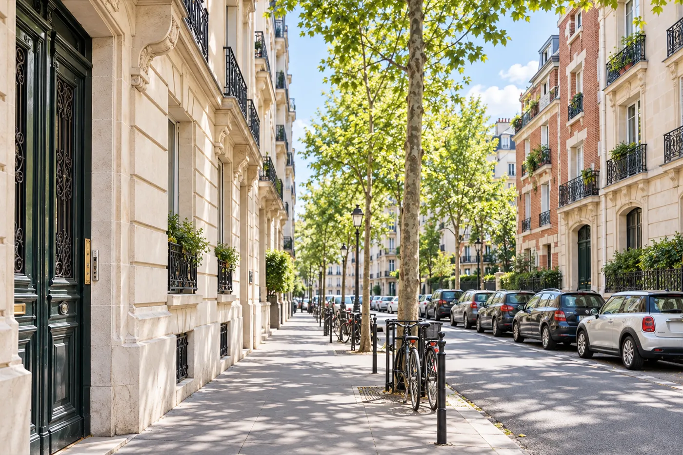 Rue résidentielle ensoleillée bordée d'immeubles en pierre et en brique et de jeunes platanes