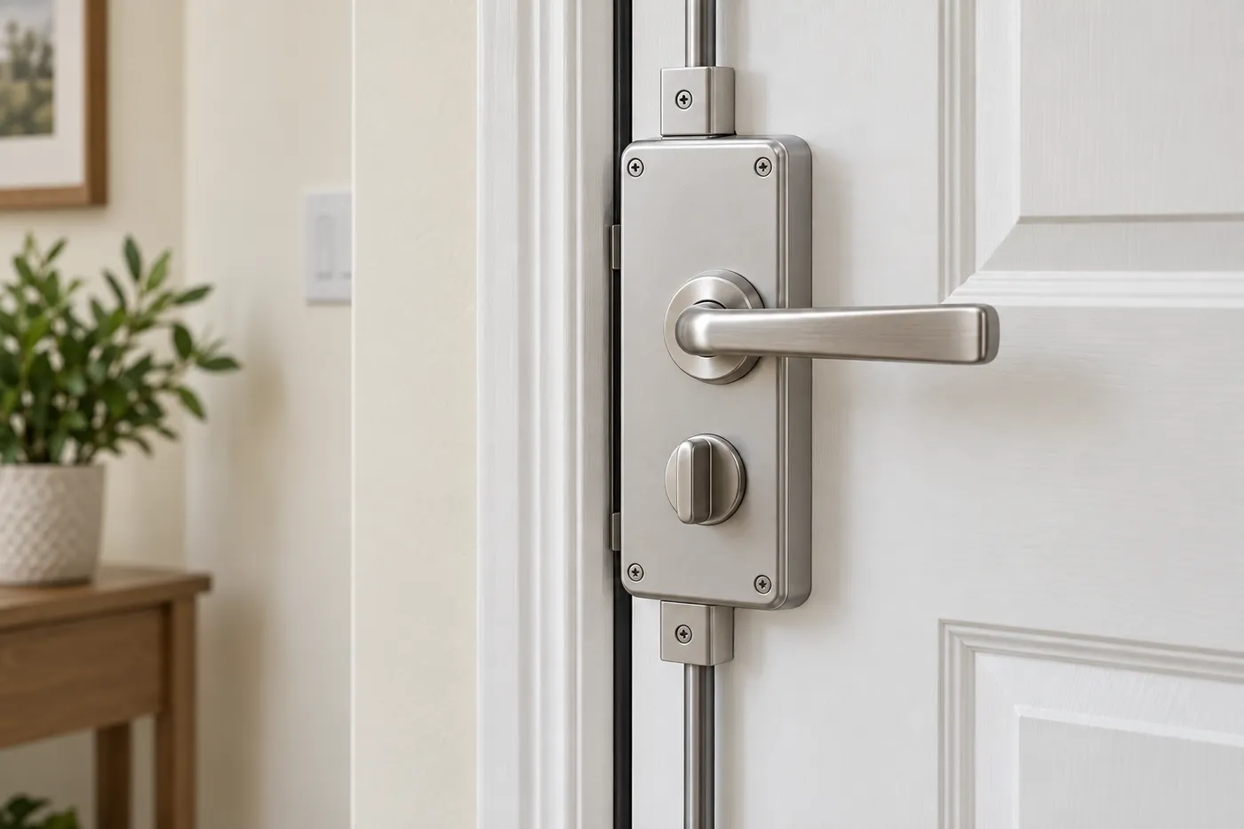 Serrure multipoint en applique avec poignée en métal brossé sur une porte d'entrée blanche